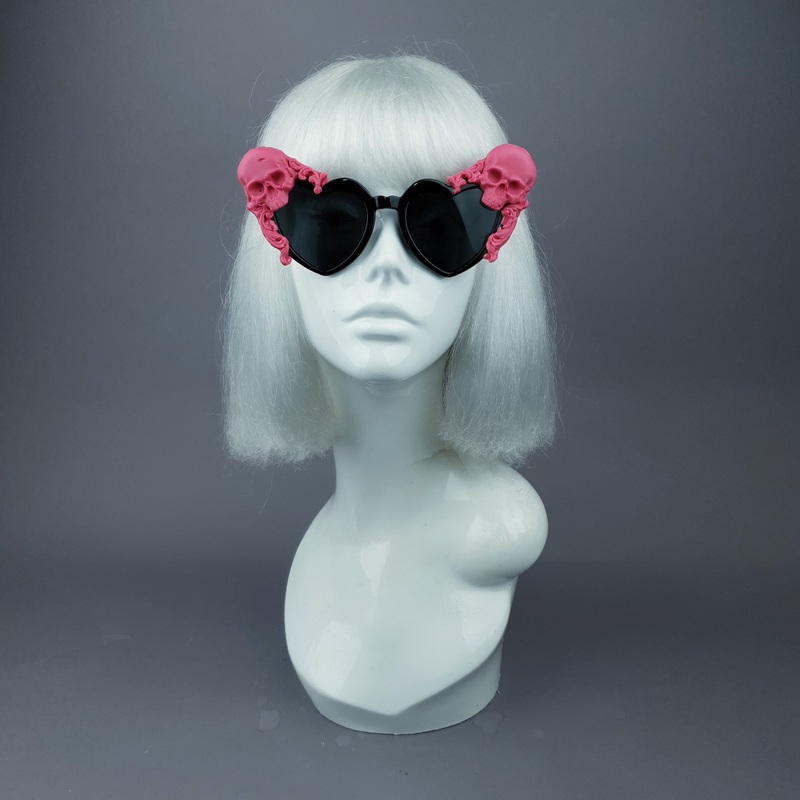 Doom Pink Skull Black Heart Shaped Sunglasses