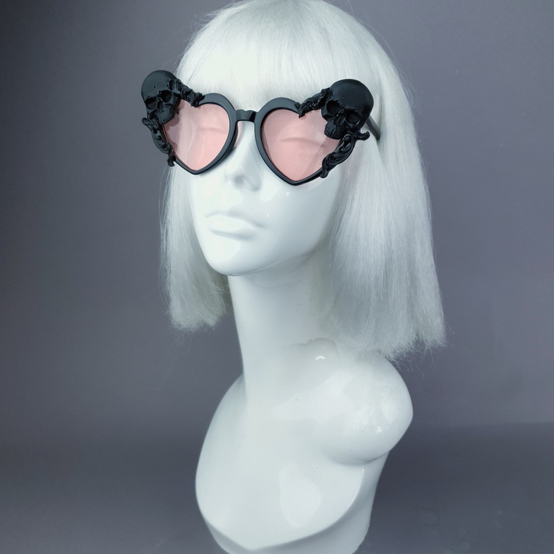 Doom Skull Heart Shaped Sunglasses - Black with Pink Lenses