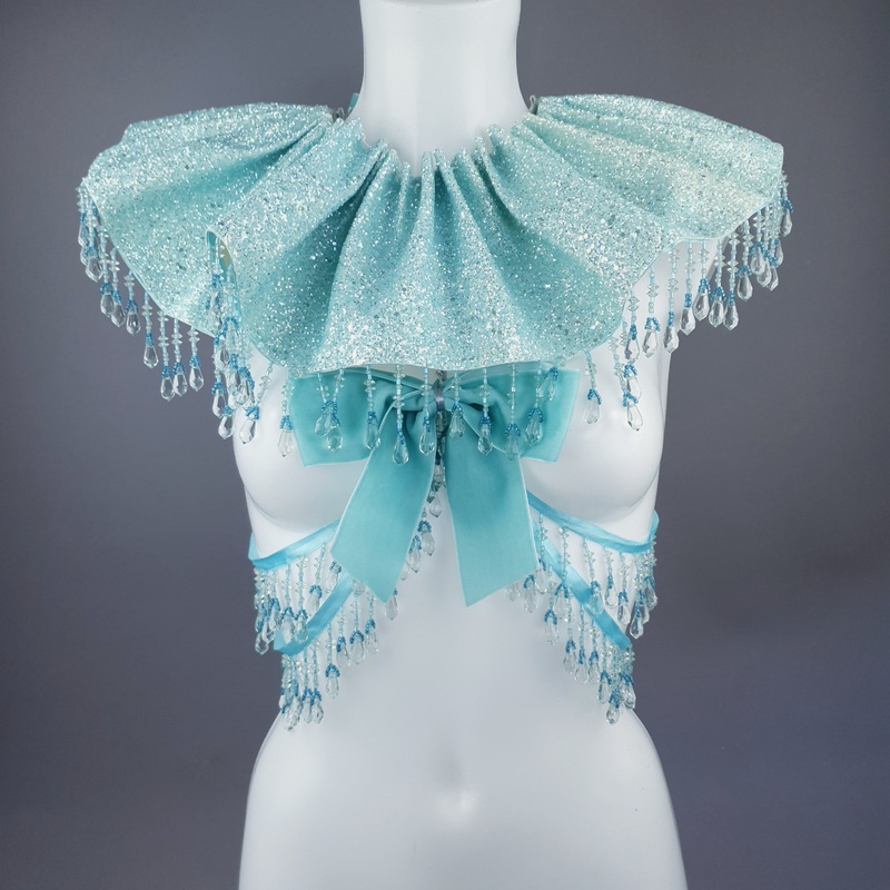 Meri Aqua Blue Glitter Clown Collar and Beading Neckpiece