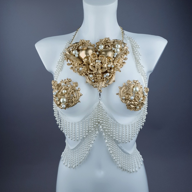 Selene Gold Filigree Skulls & Pearl Neckpiece