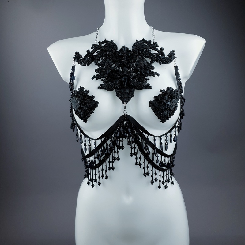 Vanshni Black Filigree Nipple Pasties & Beading Body Jewellery