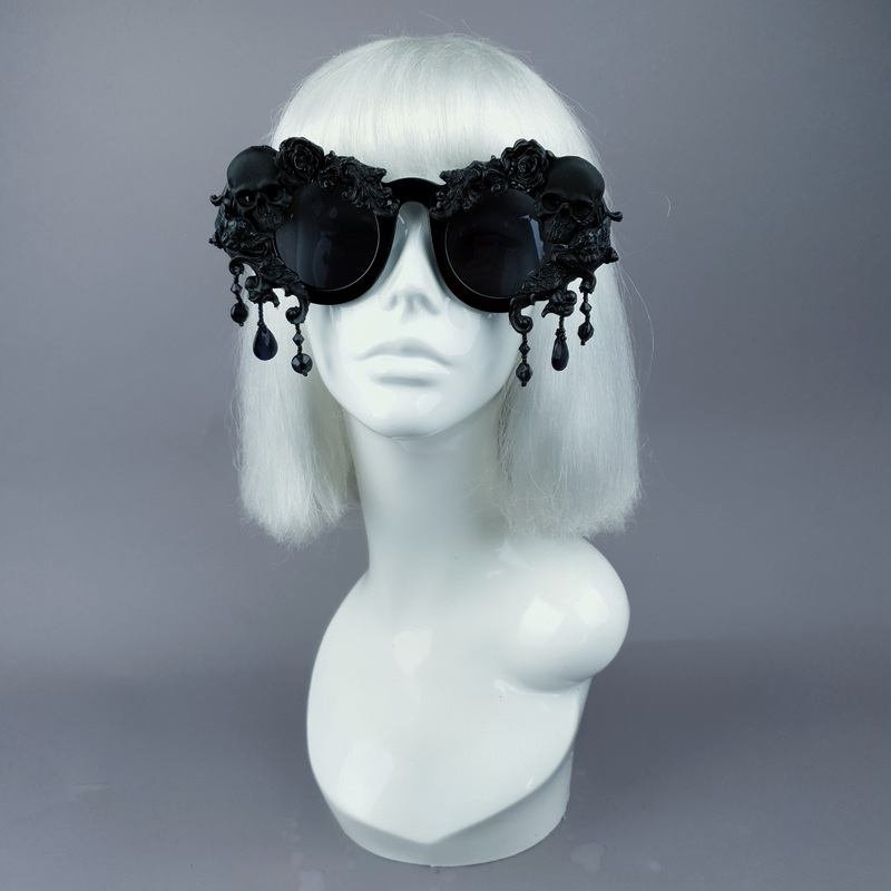 Wednesday Black Skull Filigree Beading Ornate Sunglasses