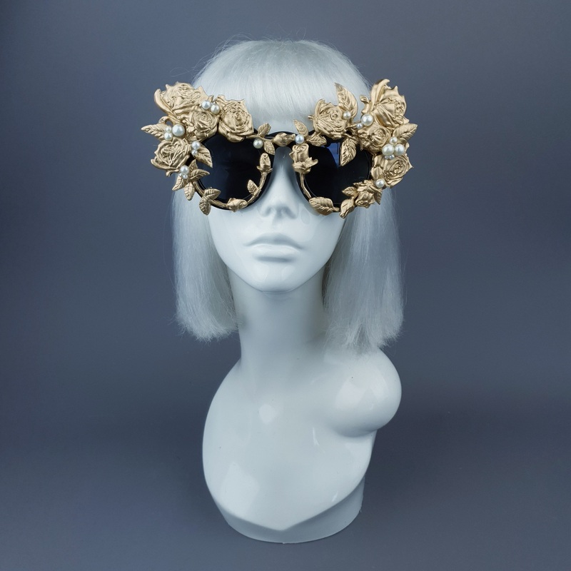 Amour Sombre Gold & Pearl Roses Sunglasses
