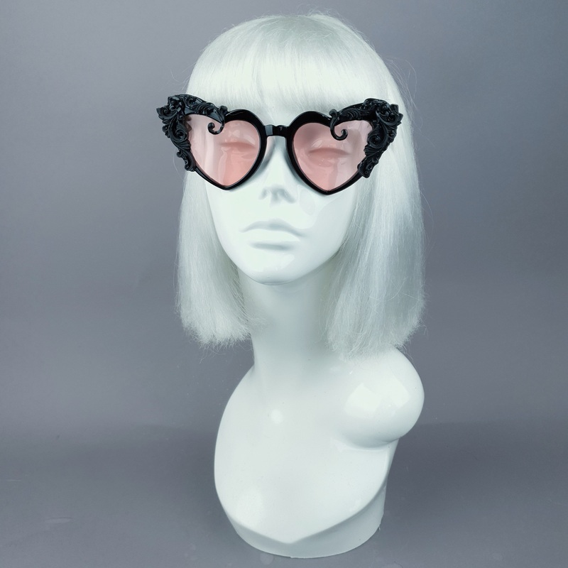 Desolado Black Filigree Heart Shaped Pink Lenses Sunglasses
