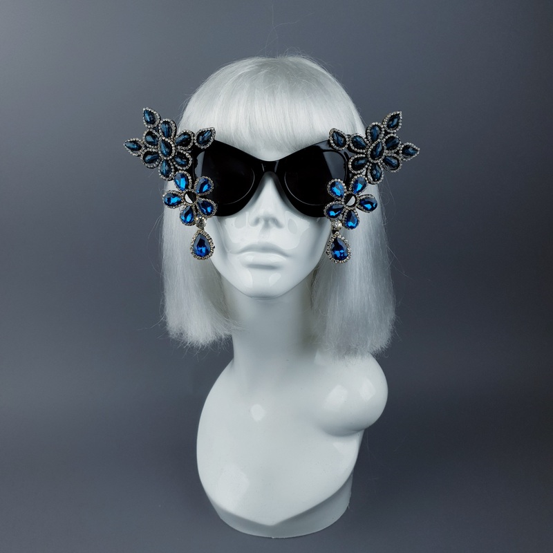 Exxtra Blue Diamante Jewel Cats Eye Sunglasses