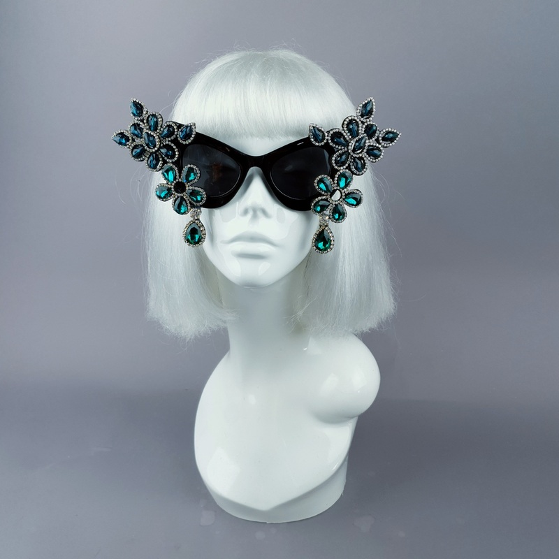 Exxtra Teal Diamante Jewel Cats Eye Sunglasses