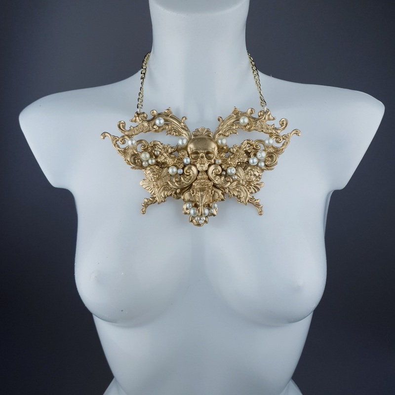 Gulika Gold & Pearl Skull Ganesh Filigree Necklace
