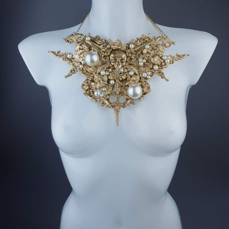 Santua Gold & Pearl Skull Scissors Filigree Necklace