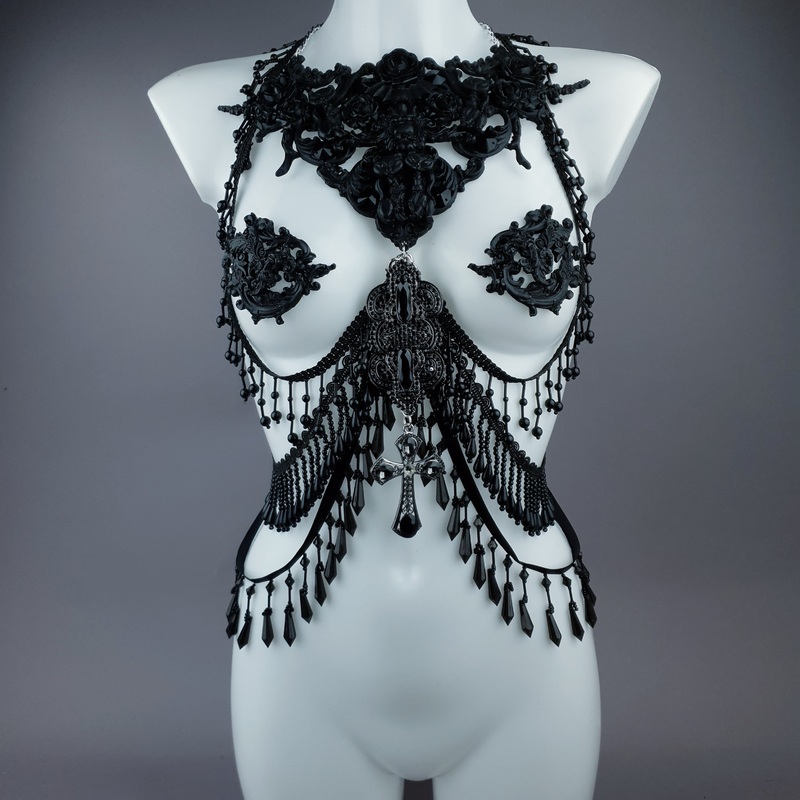 Vasilissa Black Filigree & Beading Jewellery Harness with Nipple Pasties