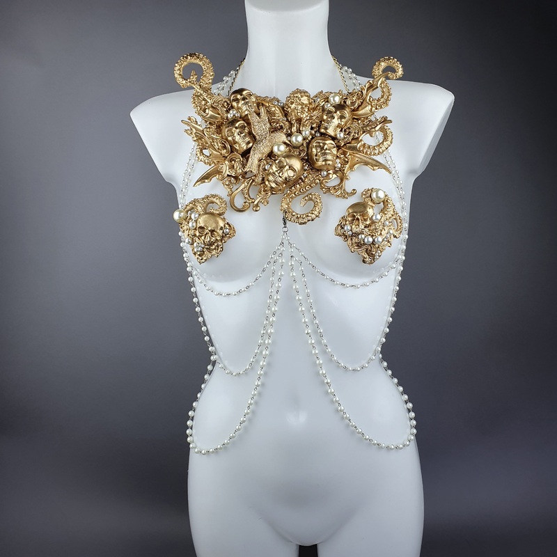 Zlo Gold & Pearl Filigree & Beading Jewellery Harness with Nipple Pasties