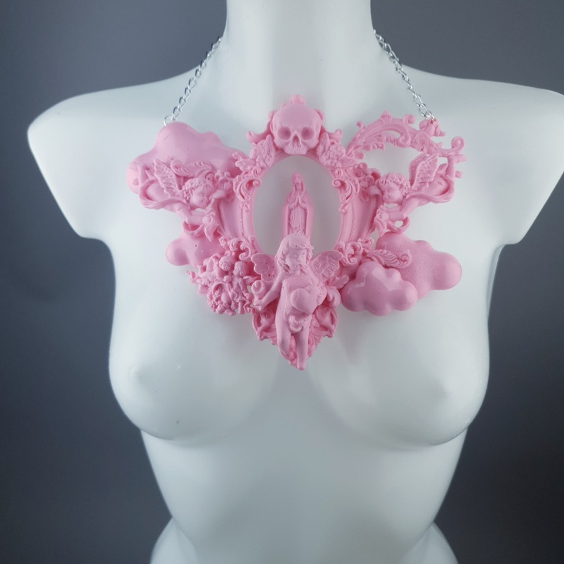 Ascension Pastel Pink Mary, Cherubs & Clouds Necklace
