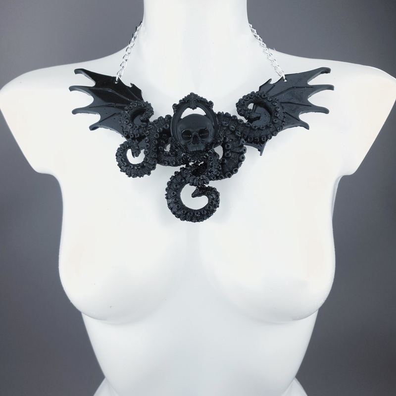 Bat Out of Hell Black Skull, Tentacles & Bat Wings Necklace