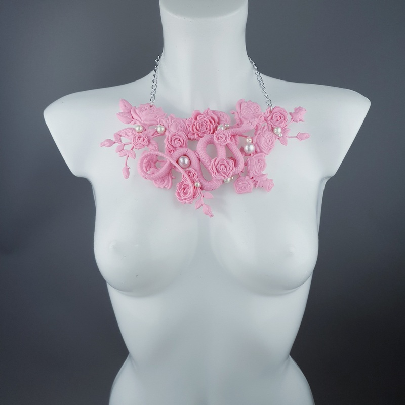 Cleo Pastel Pink Snake, Roses & Pearls Neckpiece