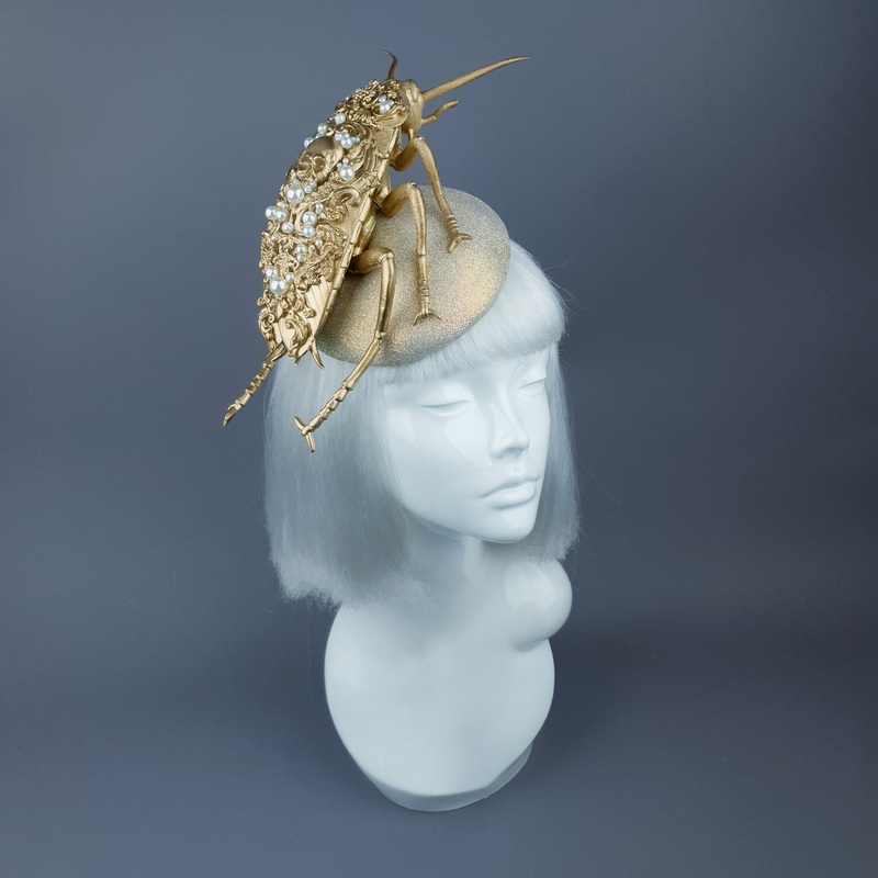 Coro Giant Filigree Gold & Pearl Cockroach Fascinator Hat