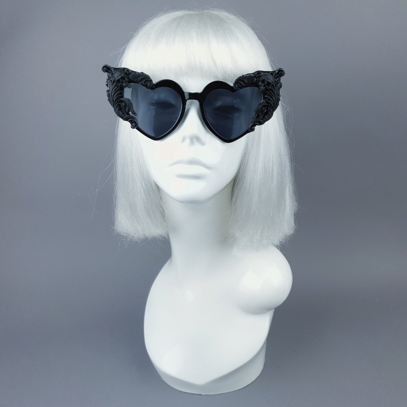 Heart Breaker Black Filigree Skull Heart Shaped Sunglasses