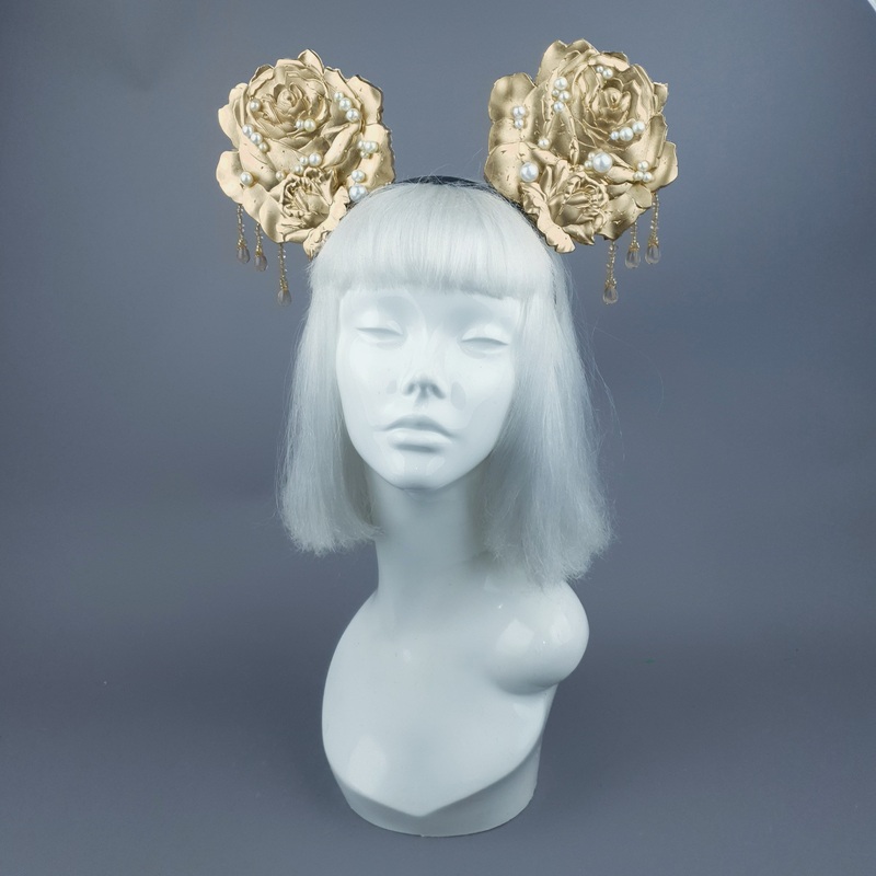 Oreille Giant Gold & Pearl Rose Ears Headband