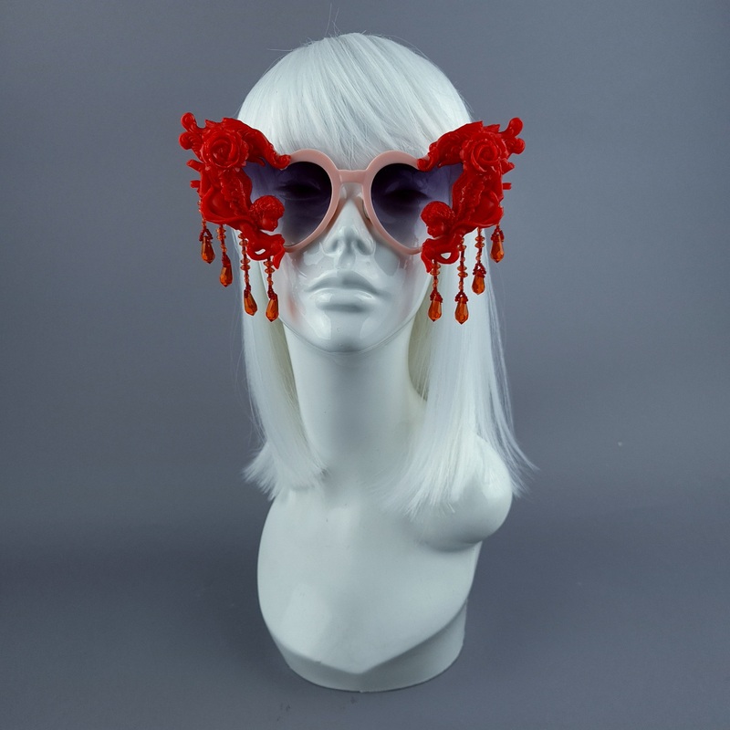 Seraphina Pink & Red Cherub, Filigree & Beading Heart Shaped Sunglasses