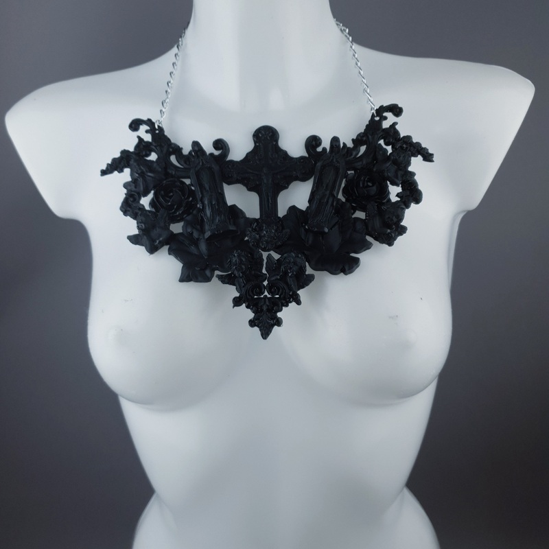 Shrine Black Cross, Virgin Mary, Roses & Filigree Necklace