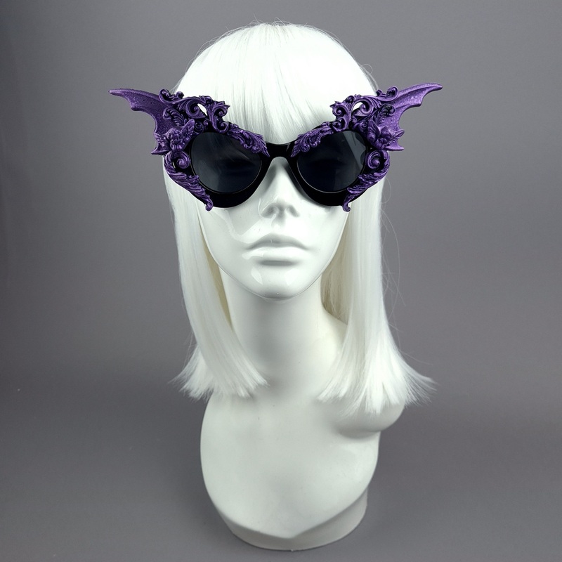 Bathory Black & Purple Filigree Ornate Bat Wing & Cherub Sunglasses