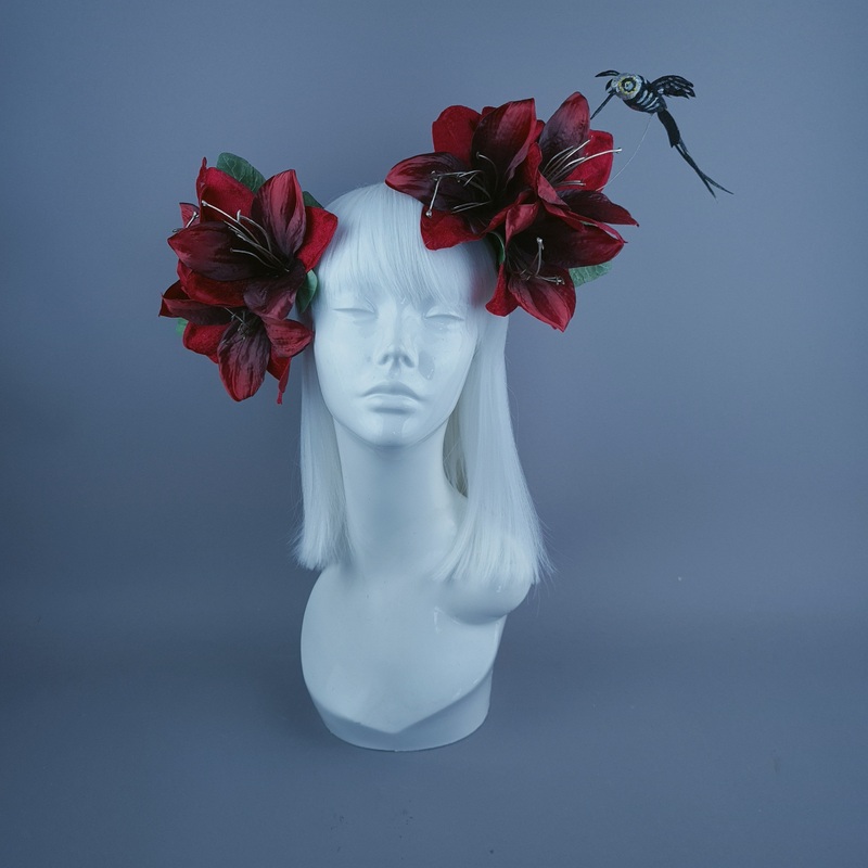 Ascelin Black Hummingbird & Red Flower Headdress