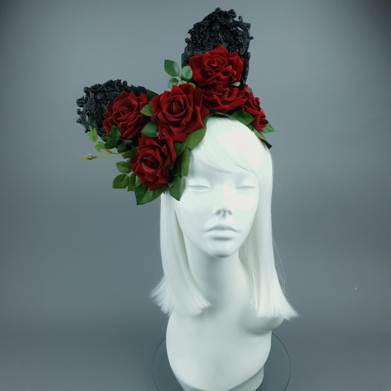 Belladonna Red Rose & Filigree Ears Fascinator Hat Headdress