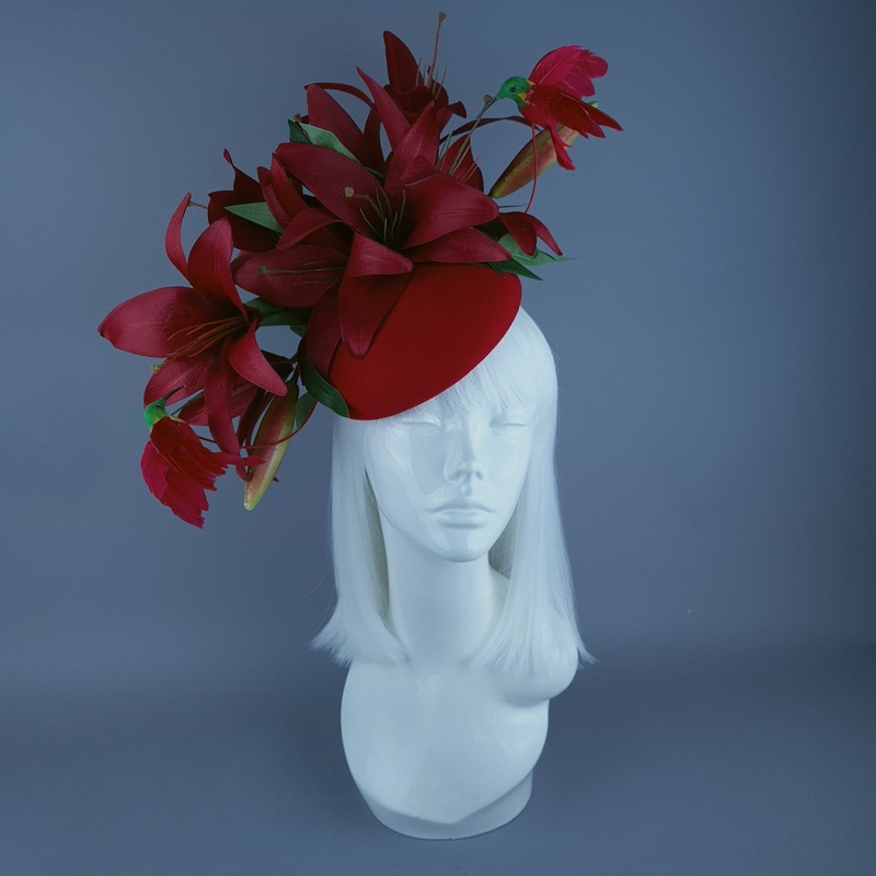 Innamorato Red Lily & Hummingbird Fascinator Hat Headdress
