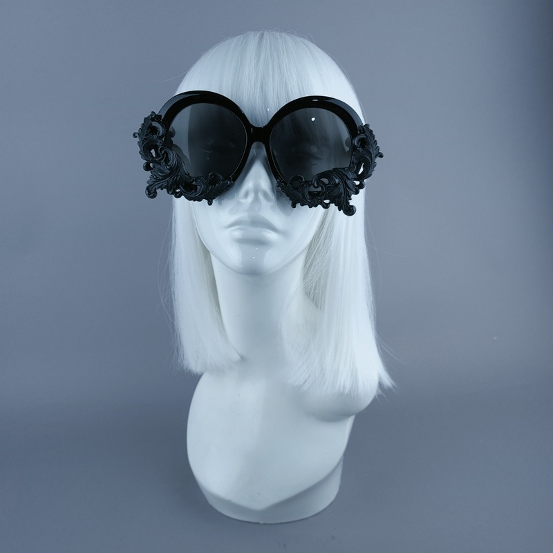 Iris Black Filigree Oversized Round Sunglasses