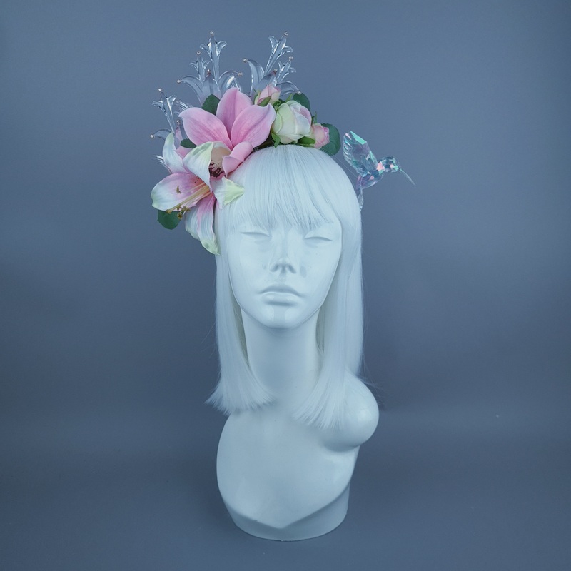 Letitia Pink Flower, Jewel & Hummingbird Headband