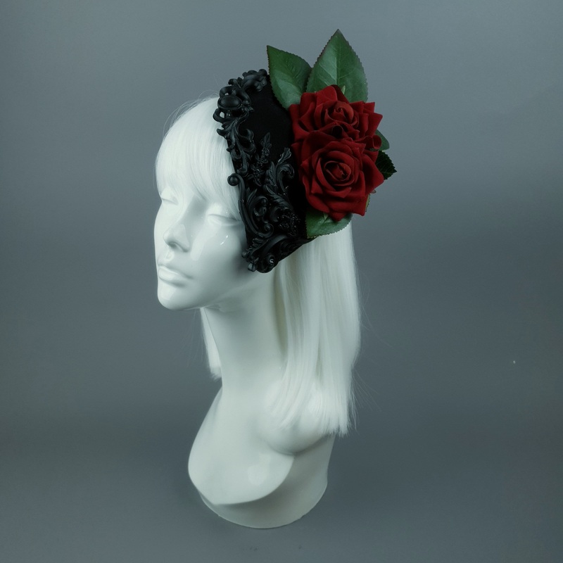 Midnight Red Rose & Filigree Fascinator Hat Headdress