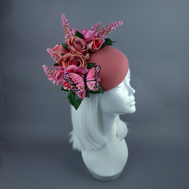 Posey Pink Rose & Butterfly Fascinator Hat Headdress