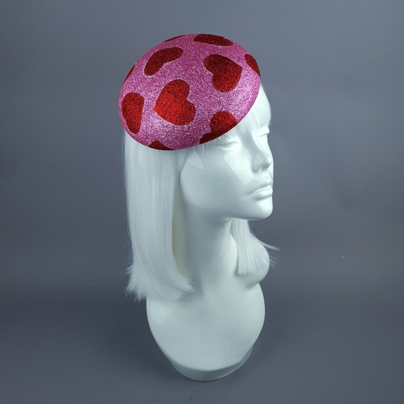 Sweet Heart Red & Pink Glitter Hearts Fascinator Hat Headdress