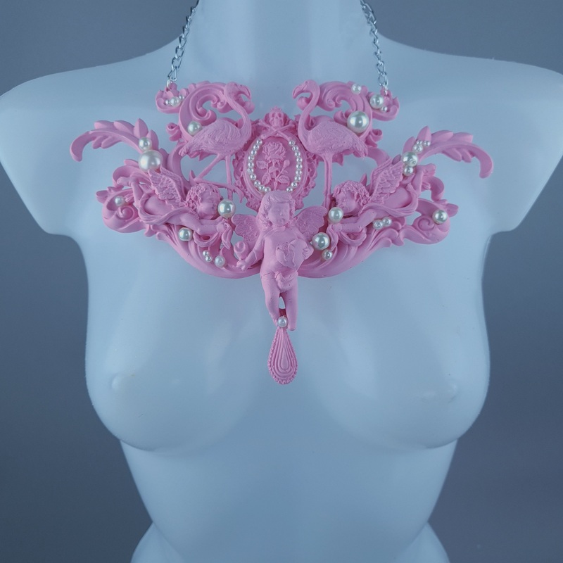 Koibito Pink Flamingo, Cherub, Filigree Pearl Neckpiece