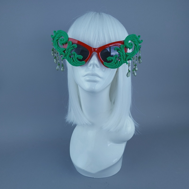Serilda Green & Red Filigree Beading Catseye Sunglasses