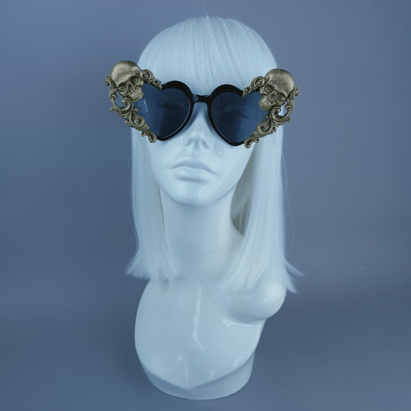 Asura Gold Black Skull & Filigree Heart Shaped Sunglasses