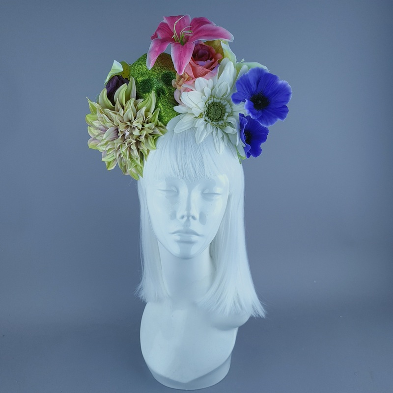 Colourful Green Glitter Skull & Flower Headdress