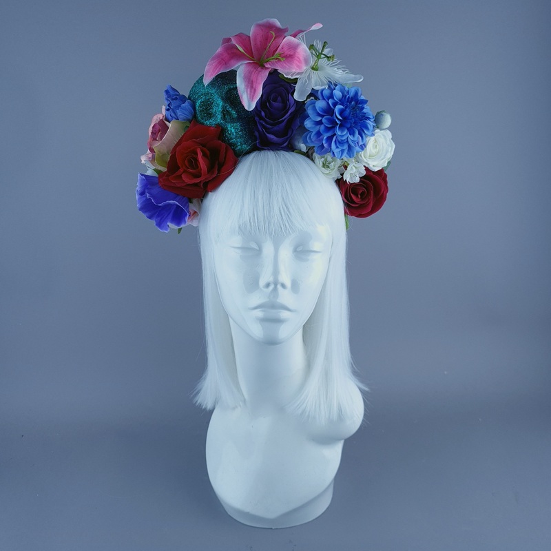 Colourful Teal Glitter Skull & Flower Headdress