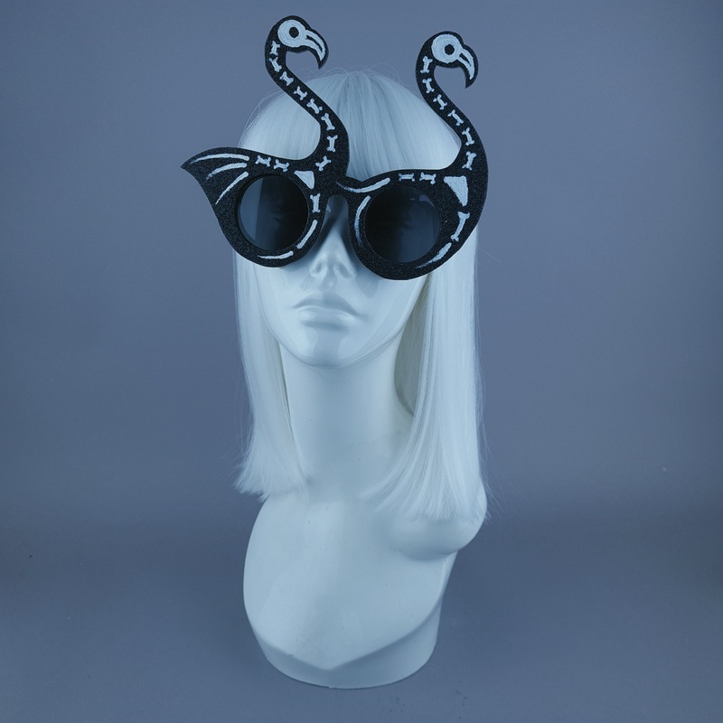 Dead Fabulous Black Glitter Skeleton Flamingo Sunglasses
