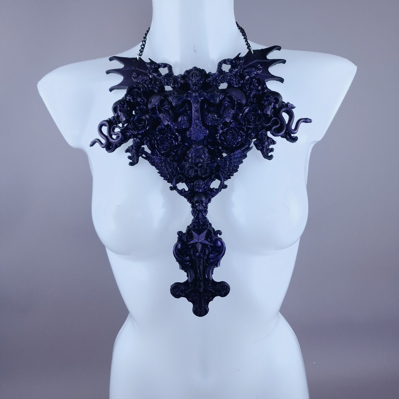 Impaurito Black Purple Filigree Skull Neckpiece