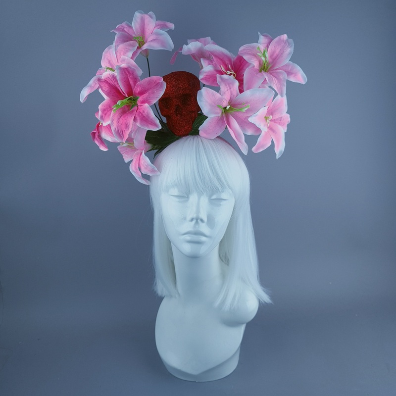 Red Glitter Skull & Pink Flower Headdress