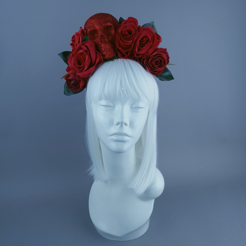 Red Glitter Skull & Red Rose Flower Headdress