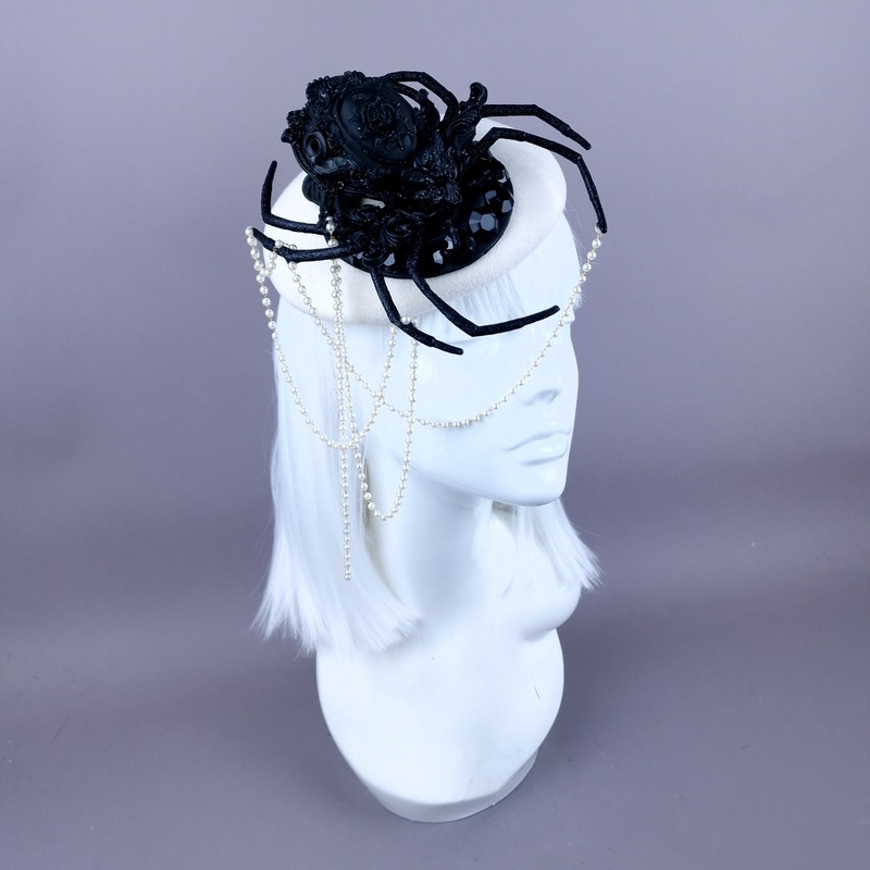 The Webs We Weave Black Filigree Spider & Pearl Fascinator Hat