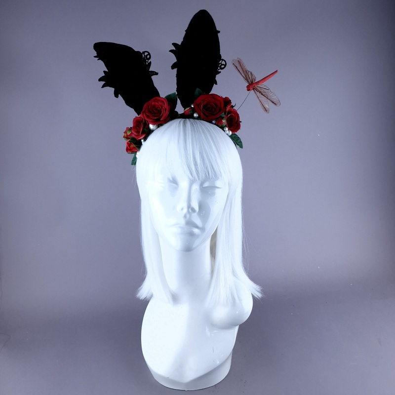 Bunni Black Bunny Rabbit Ears with Red Roses & Pearls Headpiece