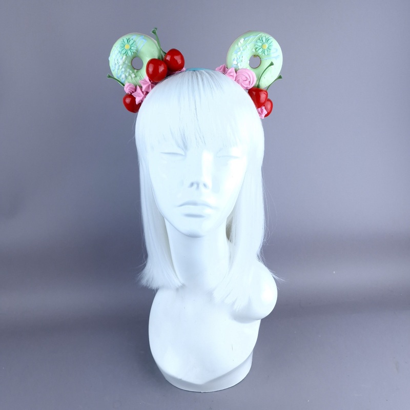 Delish Green Donut Ear, Pink Icing, Blue Headband Headpiece