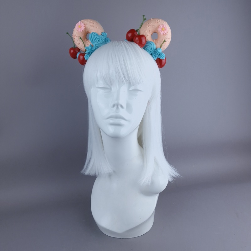 Delish Peach Donut Ear, Blue Icing, Pink Headband Headpiece