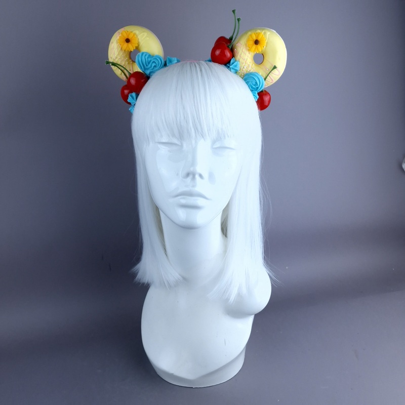 Delish Yellow Donut Ear, Blue Icing, Pink Headband Headpiece