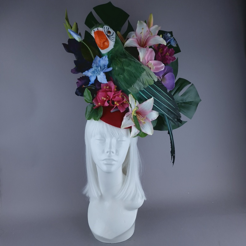 Isla Colourful Parrot, Flower & Tropical Leaf Fascinator Hat