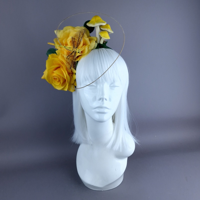 Kavindra Yellow Roses, Mushroom & Dragonfly Flower Headpiece