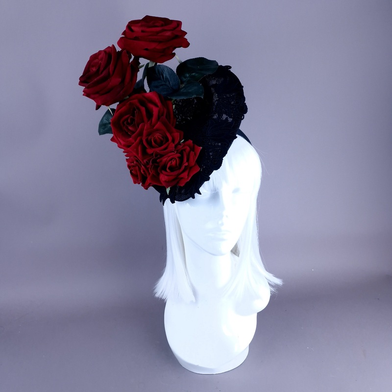 Oren Red Roses Black Lace Fascinator Hat