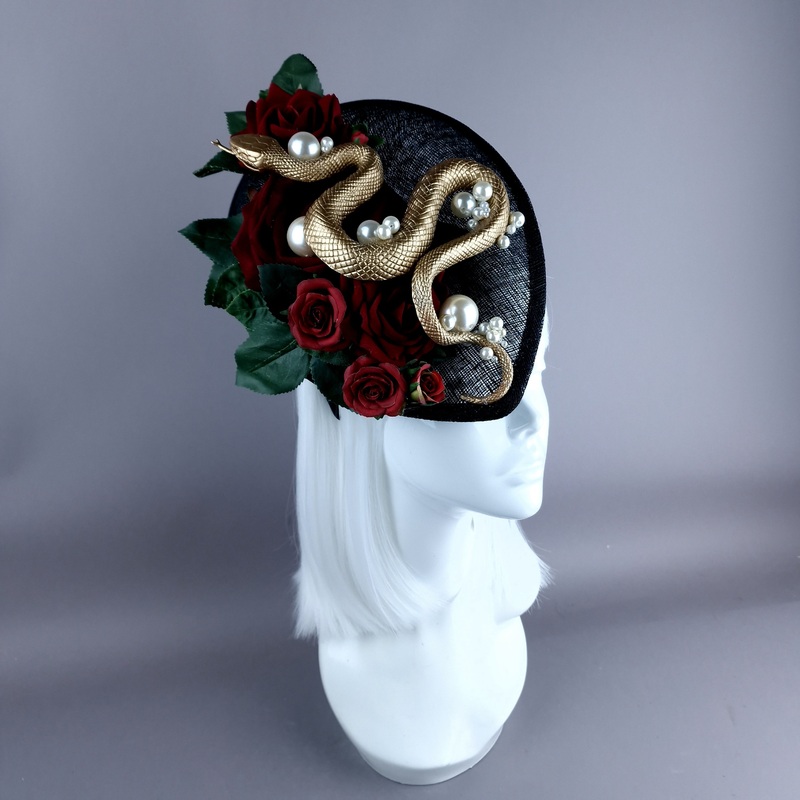 Solanine Red Rose, Gold Snake, Pearls, Black Fascinator Hat