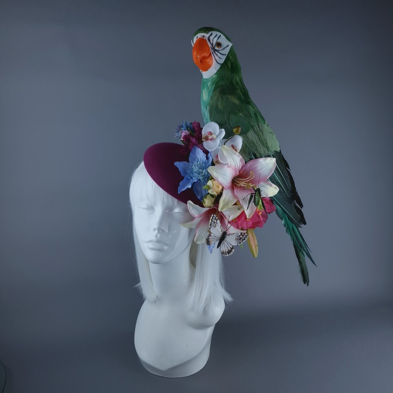 Soliel Colourful Parrot & Tropical Flower Fascinator Hat